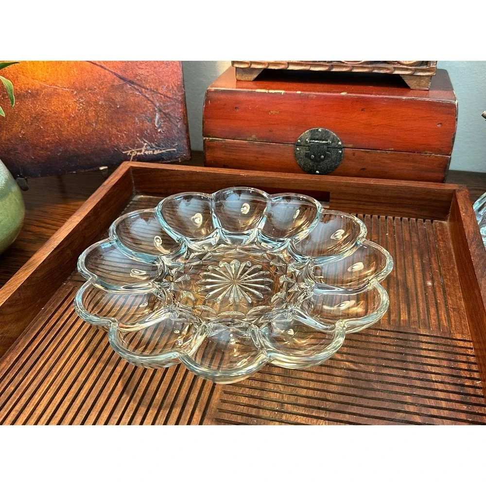 Vintage Anchor Hocking Deviled Egg Plate 10 Inch Clear Glass Scalloped Starburst